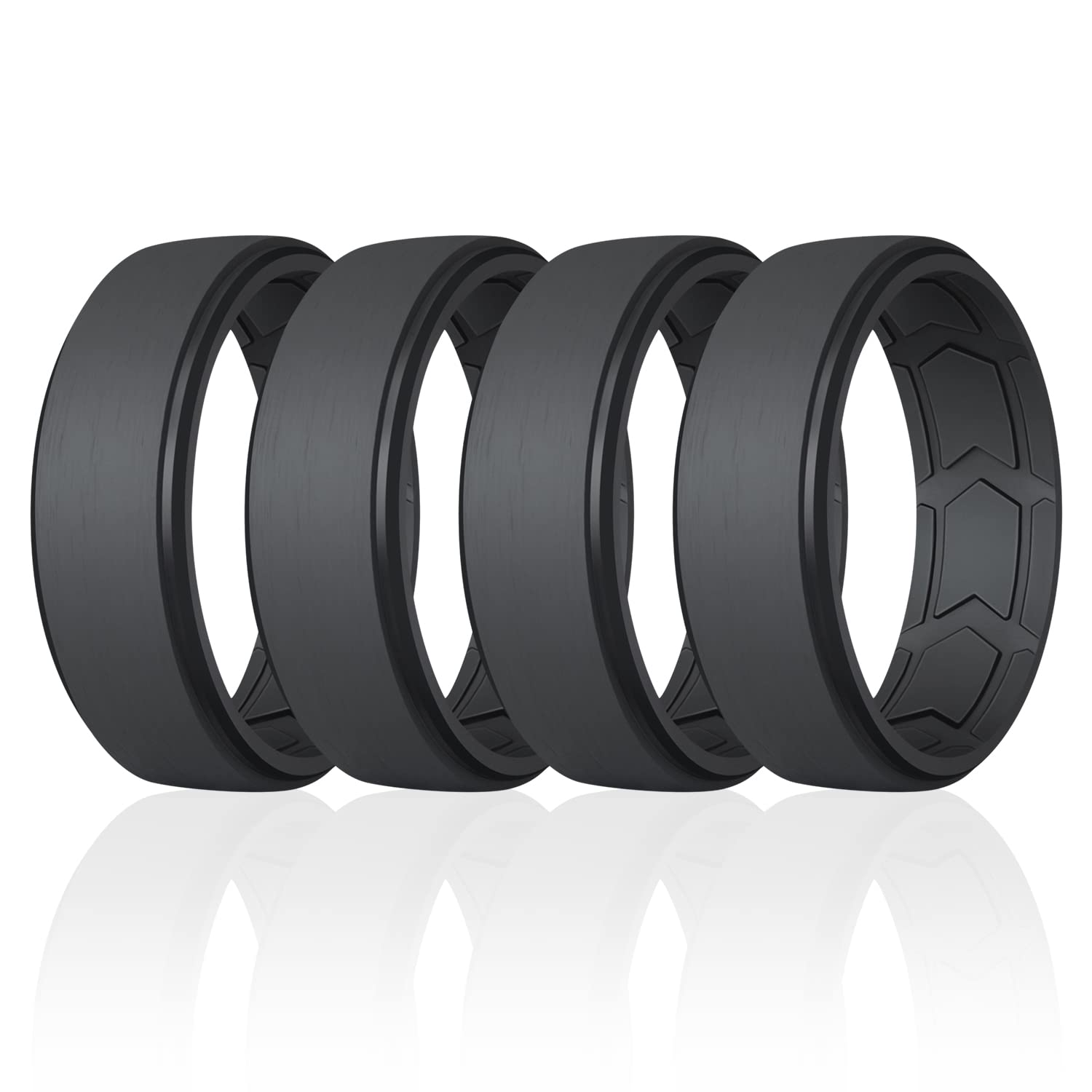 ROQ Silicone Rubber Wedding Ring for Men, Comfort Fit, Men's Wedding Band, Rubber Engagement Band, Enhanced Breathability, Step Brushed Top, 8mm Wide 2mm Thick, 4 Pack, Ink Black, Size 16