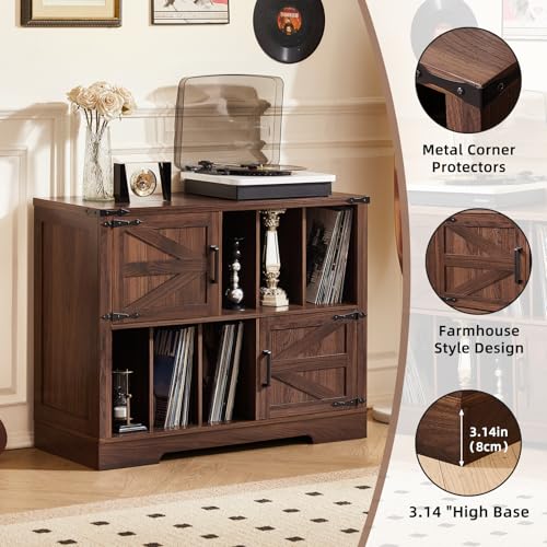 LELELINKY Großer 1m-Plattenspieler-Ständer mit Aufbewahrung, Plattenständer mit Scheunentür, Plattenregal mit Aufbewahrung für bis zu 300 Alben, Vinylplatten-Halterung für Musikzimmer, Vintage Braun