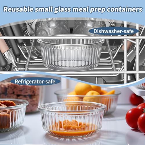 Image of H.JSS WDJS 1.5 cup Round Glass Food Containers with Lids and Spoon, 12oz Small Glass Lunch Storage Containers, Small Round Meal Prep Bowls for Office, Outdoor. Microwave, Freezer, Dishwashe safe