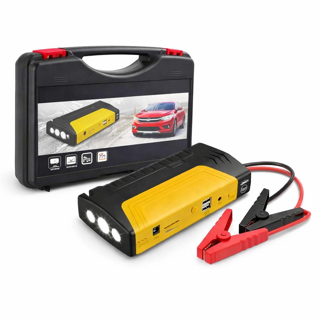 Avviatore Auto Portatile Jump Starter 12V con Power Bank USB, Torcia LED Integrata, Cavi con Pinze di Sicurezza, Batteria Emergenza per Auto Moto SUV – Compatto e Facile da Usare