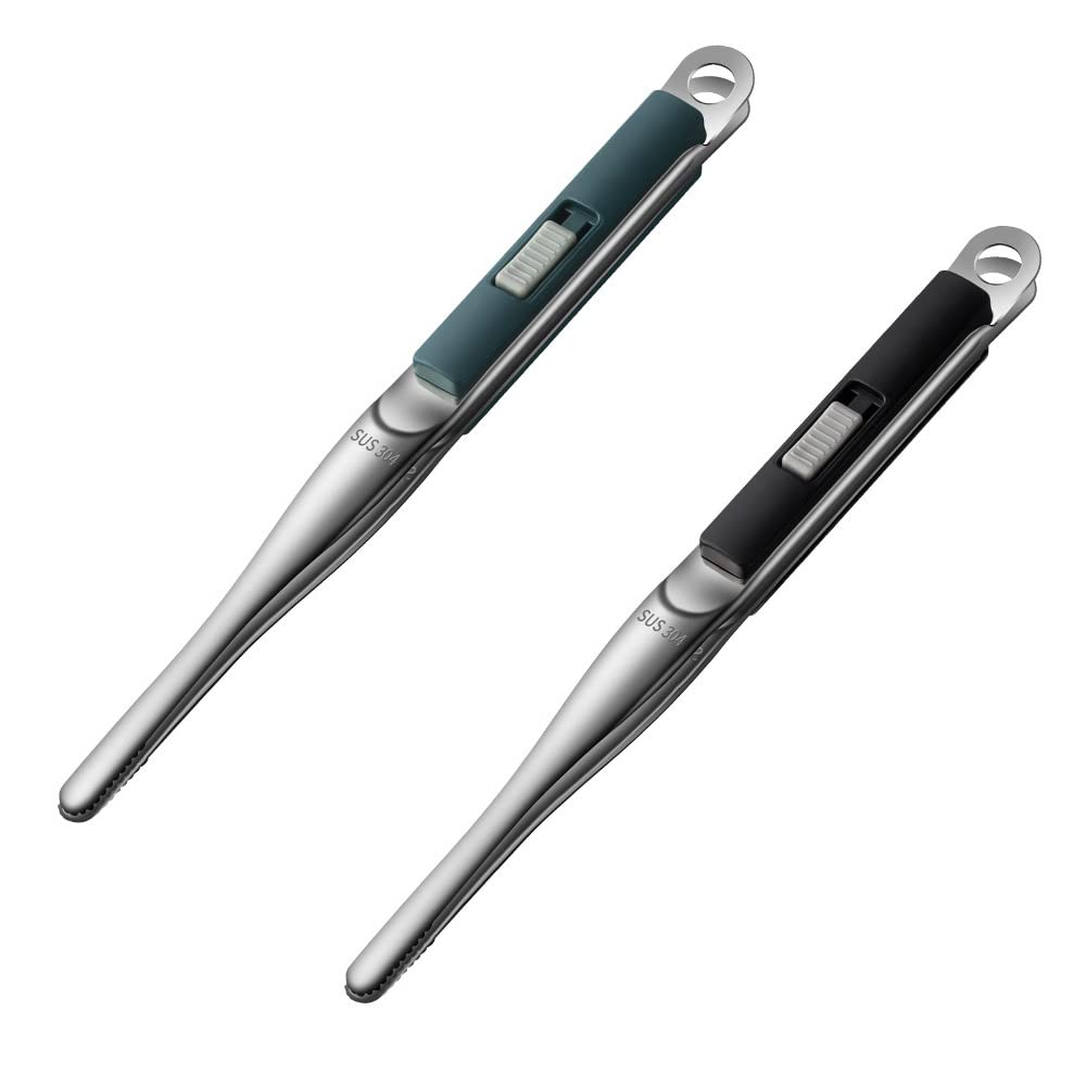 2 Pcs Kitchen Fine Tweezer Tongs with Switched,10'' Stainless Steel Multi-function Precision Serrated Tips Cooking Tongs, Kitchen Long Tweezer for Cooking, Repairing, Sea food and BBQ（Black and Blue）