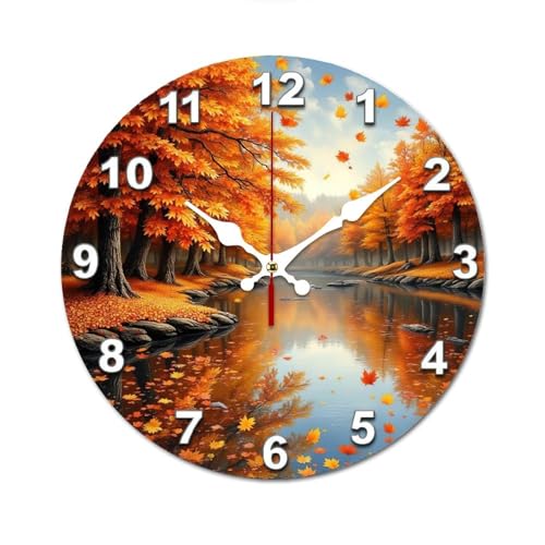 紅葉の川辺 秋の時計 静かな水面 掛け時計 北欧 壁掛 木製 10in/12in 軽量 部屋飾り 人気 ギフト静音 非電波 読みやすい リビングルーム 寝室 オフィス 25*25cm