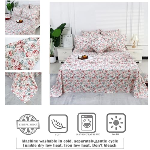 Image of FADFAY Rose Floral Sheets Set Twin XL Vintage Red Floral Bedding Shabby Rose Sheets French Country Farmhouse Bedding 800 Thread Count 100% Egyptian Cotton Deep Pocket Fitted Sheet 4Pcs, Twin XL Size