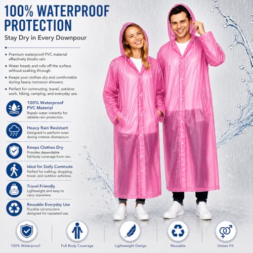 Image of OTOROYS Waterproof Long Rain Coat with Hood for Men, Women, Boys & Girls | Universal Full Length Reusable PVC Raincoat | Lightweight Portable Rain Ware for Bike Riding, Travel & Outdoor, Pink