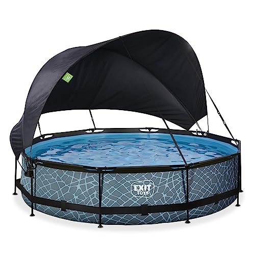 EXIT Toys Stone Pool mit Sonnensegel - ø360x76cm - Runder Rahmenpool mit Kartuschenfilterpumpe - Optimaler UV-Schutz - Leicht Zugänglich - Starker Rahmen - Einzigartiges Design - Grau