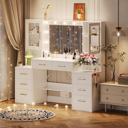 Image of White Makeup Vanity Desk with Mirror and Lights, Makeup Vanity Table with Lighted Mirror, 58.3 inch Dressing Table with Mirror and Lights, Big Vanity with 8 Drawers & Lots Storage Space for All Girls