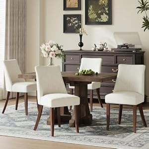 COLAMY Upholstered Dining Chairs Set of 4, Mid Century Modern Kitchen Chairs with Back, Farmhouse Fabric Side Dining Room Chairs with Wood Legs for Dining Room Restaurant, Beige