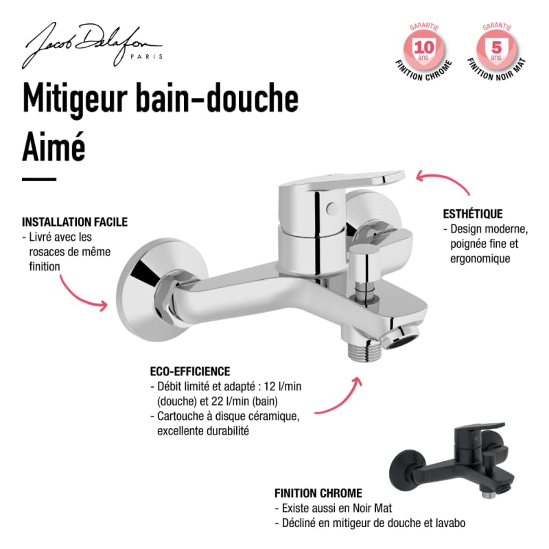 Pack baignoire droite 180 x 80 JACOB DELAFON Elise + mitigeur bain douche chromé + vidage