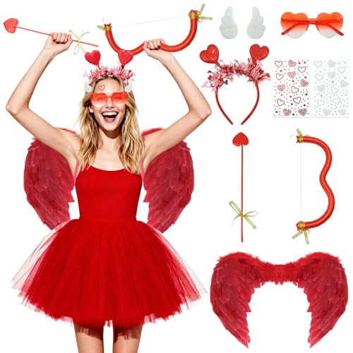 SPORTBANG 7 Pcs Cupid Costume Set for Women Valentines Day Angel Accessories with Wings Bow Arrow Headband Hairpin Sunglasses (Red)