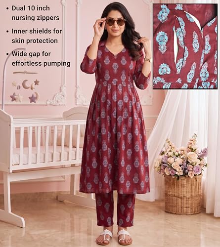 Image of DUMMY SHAPE Maternity Dresses for Women Cotton Rayon | Floral Kurta Pant Dupatta Set with Nursing Zippers to Pre & Post Partum | Feeding Kurtis | Mom to Be Gifts for Pregnant Woman