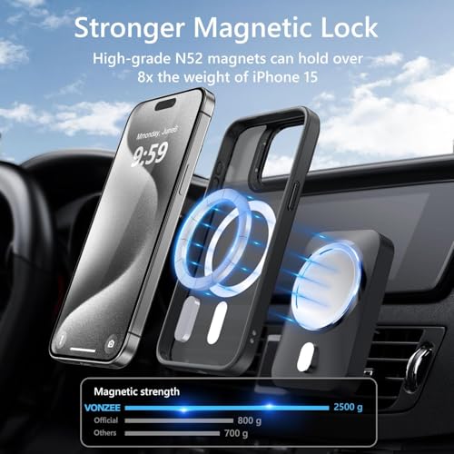 Image of VONZEE Clear Camera Kickstand Case for iPhone 15 Pro, Built-in Adjustable Camera Stand, Clear Magnetic Mag-Safe Shockproof Classic Series Phone Cover (Black)
