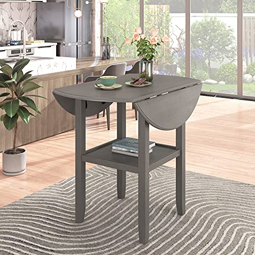 Image of Modern Rustic 3 Piece Round Counter Height Dining Table Set with with Drop Leaf Table,Bottom Shelf and 2 Padded Chairs,Wooden Kitchen Furniture for Small Places