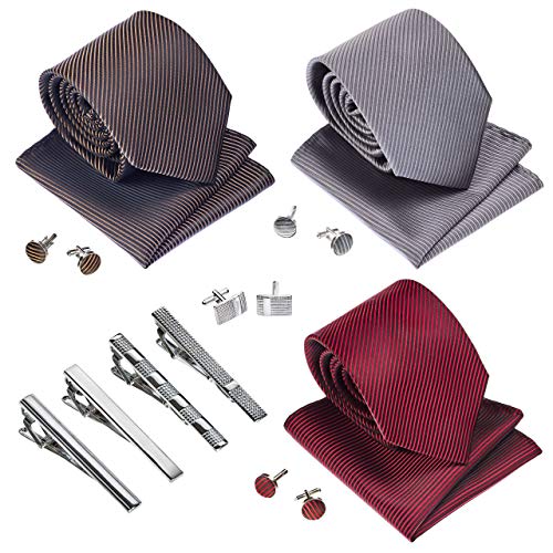Premium Mens Gift Tie Set - Silky Necktie Pocket Squares Tie Clips Cufflinks For Men