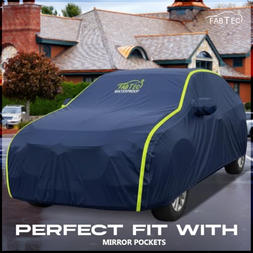Image of FABTEC Waterproof Car Body Cover for Kia Seltos Outdoor /Indoor All Weather Protection with Mirror Pocket Triple Stitched (Premium Navy Blue with Neon Piping)