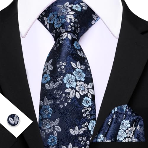 Image of Barry.Wang Men Tie Set Floral Paisley Silk Necktie Pocket Square Cufflinks Formal Wedding Party Business