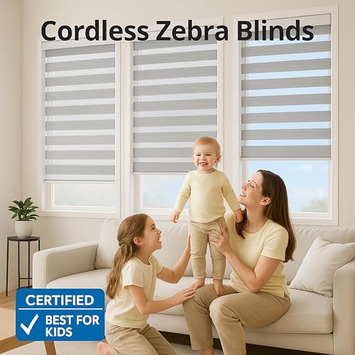 Shadesu Cordless Zebra Blinds for Windows, 45" W x 72" H, Grey, Dual Layer Free-Stop Zebra Shades, Light Control for Day and Night, Sheer Blinds for Indoor Windows, Bedroom, Kitchen
