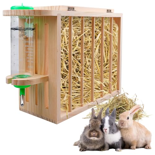 Mangeoire à Foin pour Lapin, Mangeoire à Foin en Bois, Mangeoires Foins Lapin, Râtelier à Foins en Bois, Abreuvoir Et Alimentateur Lapins 2 en 1 pour Petit...