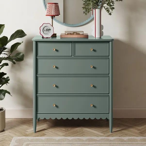 RUSTIC ROOTS Scalloped Wooden Chest of Drawers - 5 Drawer Dresser : Timeless Elegance for Your Home - Handcrafted with Care (Green).-image-10