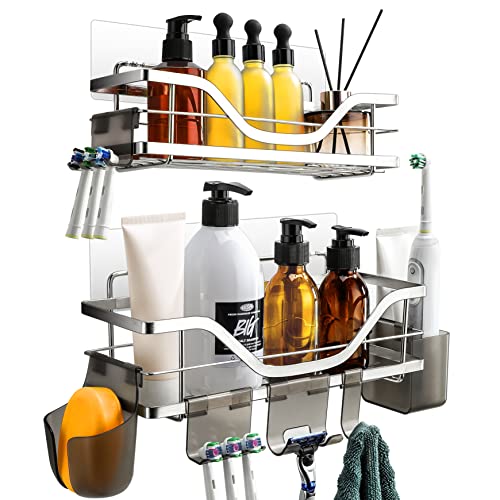 Dvocel Lot de 2 étagères de douche sans perçage - En acier inoxydable - Avec 10 crochets - Noir - Pour salle de bain et cuisine Cover