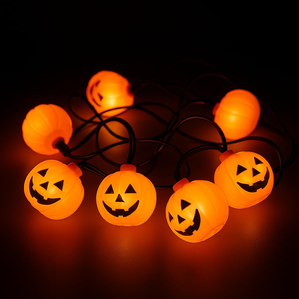 Halloween LED String Lights – 1.5m Indoor Battery Operated Halloween Decoration – 8 Novelty Lights in Pumpkin, Skull or Ghost Designs – Spooky Jack O’ Lantern & Haunted House Party Lighting (Pumpkin)