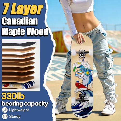 Image of Skateboards for Beginners Adults Youths Teens Kids Girls Boys 31 Inch Pro Complete Skate Boards 7 Layer Canadian Maple Double Kick Concave Longboards