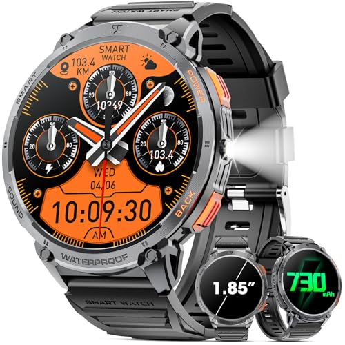 スマートウォッチ【2025 最新デザイン】軍用規格1.85インチHD大画面 110+運動モード 730mAh大容量バッテリー 2種バンド付き iPhone対応 アンドロイド対応 丸型 文字盤DIY LINE等APP通知 LED懐中電灯 Bluetooth5