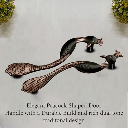 Image of Peacock Design Main Door Handle 10 Inch|Copper Antique Finish Pull Handle| Zinc Alloy Handle for Wooden & Glass Doors |Home, Office & Hotels | Hole-to-Hole 200mm | 3 Years Warranty | Set of 1