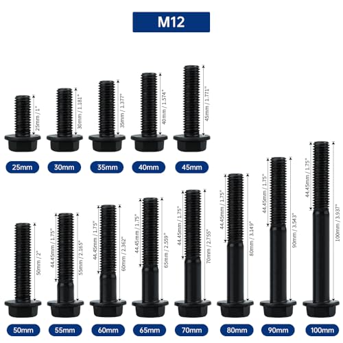 Image of 4-Sets M12-1.75 x 100mm Grade 10.9 Flange Hex Bolts + Flange Nut + Flat Washer + Lock Washer Combo Pack, Black Oxide, for Automotive & Machinery