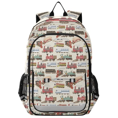 Trains Pattern School Backpack Laptop Travel Daypack for Kids Girls Boys, Personalized Computer Notebooks Bookbag with Adjustable Padded Straps