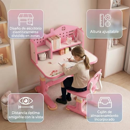 Mesa de Estudio Infantil Ajustable en Altura, Escritorio para Niños con Silla Ergonómica y Cajón, Mesa Escolar Infantil de Escritura Amplia, Conjunto Escritorio Niño para Casa y Estudio (rosa) - imagen 3