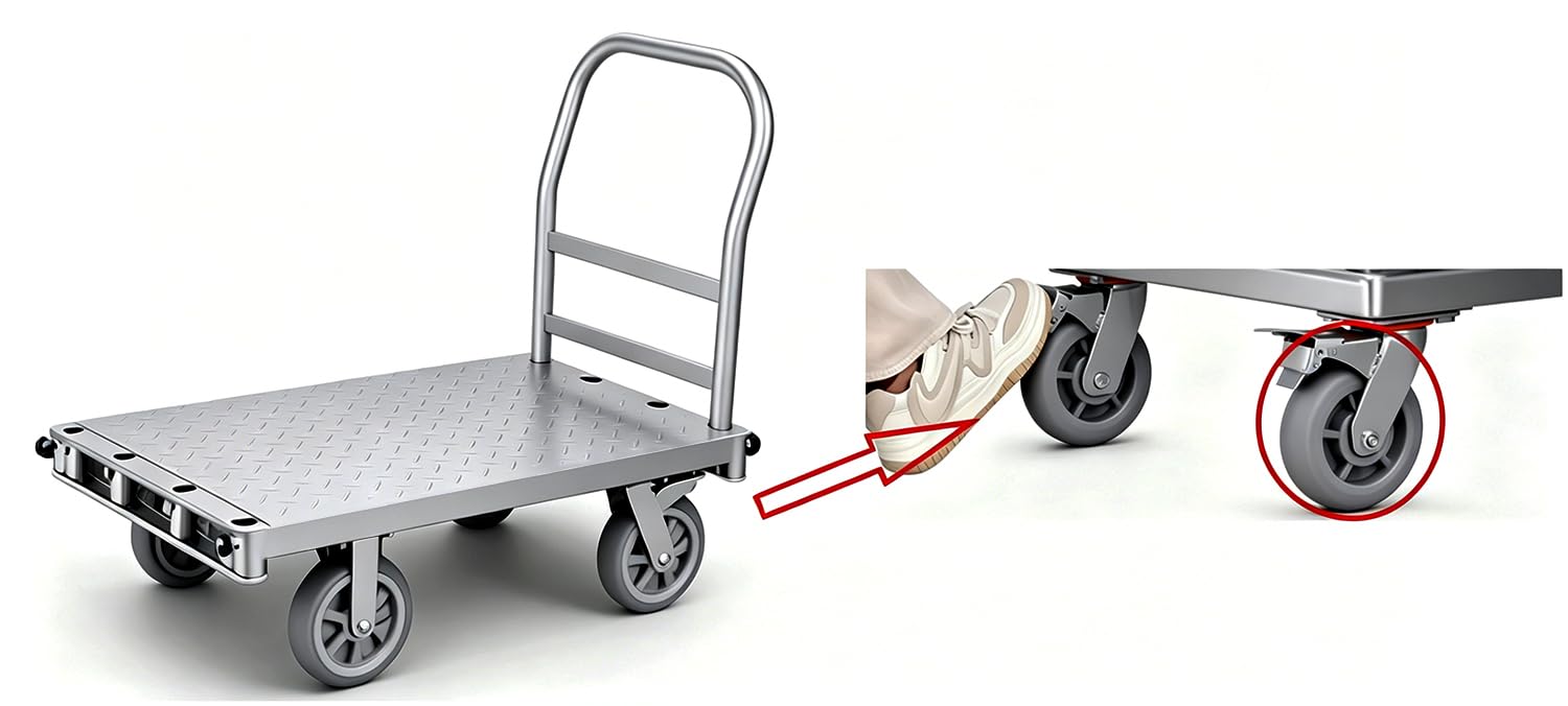 Carretilla con Plataforma 3 en 1, Asa y Barandillas Extraíble | ruedas de 150 mm con freno, 500 kg capacidad,100 x 60 x 83 cm, para taller, obras y almacén