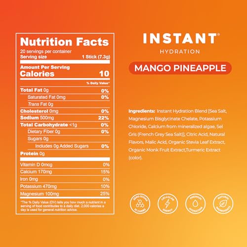 Image of Instant Hydration Electrolytes Powder Packets - Mango Pineapple Drink Mix - Zero Sugar - Keto, Vegan, Gluten-Free, Non-GMO - Boost Recovery, Brain Health, Muscle & Tissue Support- 30 Sticks