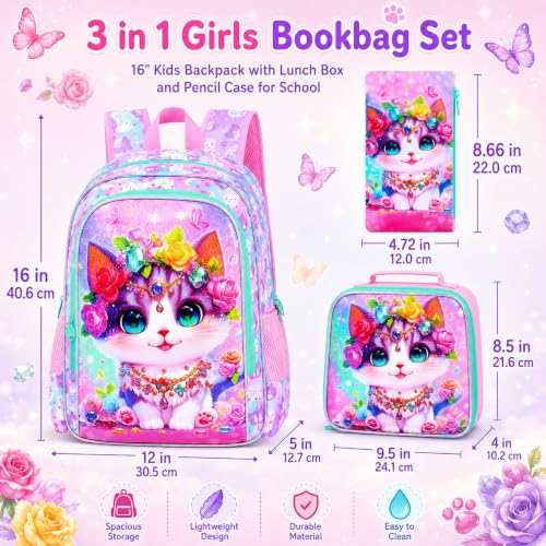 Image of 16 inch Cat Backpack for School, Girls Kids Bookbag with Lunch Box,3Pcs Backpacks for Elementary Preschool Kindergarten (Pink)