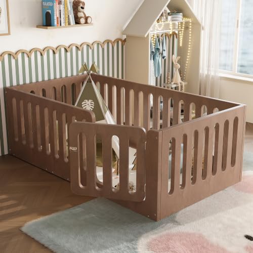Image of Bellemave Twin Montessori Floor Bed Frame,Brown | Solid wood kids montessori floor bed with high safety fence & door, low to ground design for girls and boys