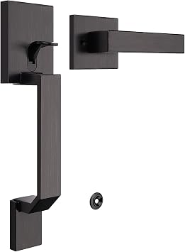 Tinewa Square Oil Rubbed Bronze Front Door Handle with Classic Door Lever, Upgrated Exterior Door Entry Handle No Lock, Reversible for Left & Right Handed