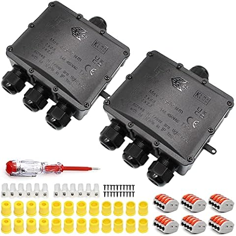 2 PCS IP68 Waterproof Junction Box, HUYU 4-Way Outdoor Cable Connectors with 4 Cable M25 Gland Wire Connector Electrical Junction Box for 4-14 mm Diameter Cable, Black Cover
