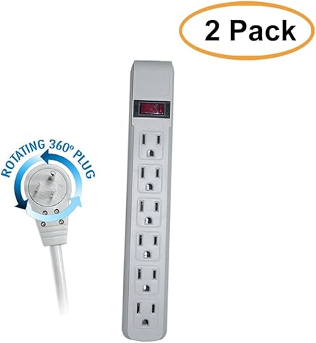 Miniatura 5 de ACL Cable de alimentación de 6 pies con protector de sobretensiones de 6 tomas, enchufe giratorio plano, enchufes horizontales, gris, paquete de 1