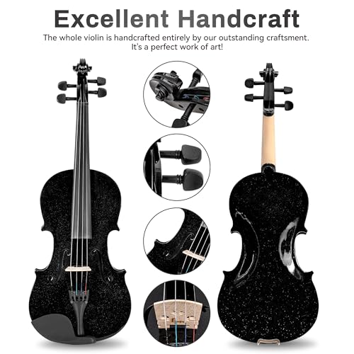 Image of Poseidon 3 /4 Violin Size Set for Beginners, Black Violin for Beginner Fiddle Kit with Hard Case, Bow, Rosin, Horse Bridge, Violin Strings 3 /4 Full Set, Shoulder Rest, Clip-on Tuner, Manual Instruction