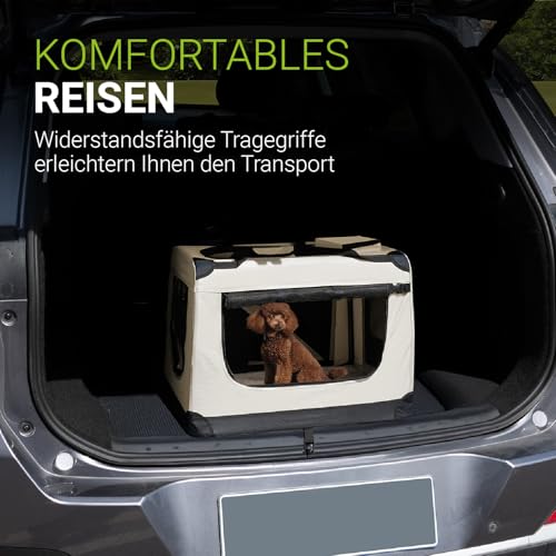 Juskys Hundetransportbox Lassie M faltbar & tragbar 42x60x44 cm mit Decke, Tasche & Griffen - Faltbare Transportbox für Hunde, Katzen & Haustiere - Oxford Stoff Hundebox Auto Hundetasche - Beige