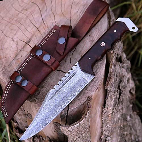 Handmade Damascus Bowie Knife For Hunting Skinning Outdoor Damascus Steel Survival Hunting Knife With Horizontal Carry Sheath 12 INCH Fixed Blade Damascus Hunting Belt Knife for Camping, Bushcraft Ergonomic Rose wood Handle | Cool Knives For Men Tact