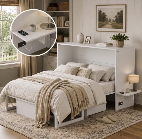 Image of Softa Queen Murphy Bed Cabinet with 4 inch Tri-Fold Mattress, Storage Drawer & Charging Station, 1200 Lb Heavy Duty Wood Wall Bed with Fold-Down Desk for Guest Room & Home Office, No Box Spring Needed