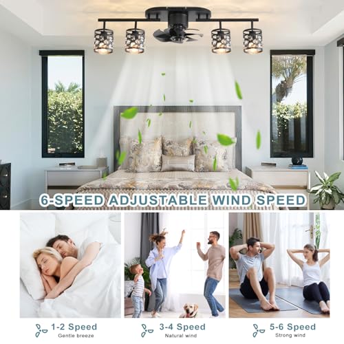Image of Garwarm 39.3 inch Ceiling Fans with Lights and Remote, Black Fandelier Crystal | Flush Mount Ceiling Fan with 360 Rotatable Lampheads, 6 Speeds,Timing, Reversible DC Motor for Bedroom, Kitchen, Dining Room