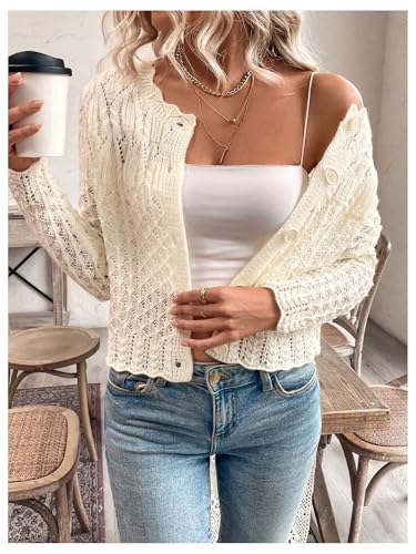 Image of GORGLITTER Women's Button Up Cropped Cardigan Fall Sweaters Lightweight Open Front Cute Long Sleeve Crochet Knit Tops