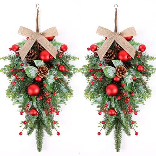 24' Christmas Wreaths for Front Door 2 PCS Christmas Teardrop Swag Winter Wreath with Red Ball Red Berry Pine Needles for Indoor Outdoor Farmhouse Home Wall Window Festival Wedding Decor