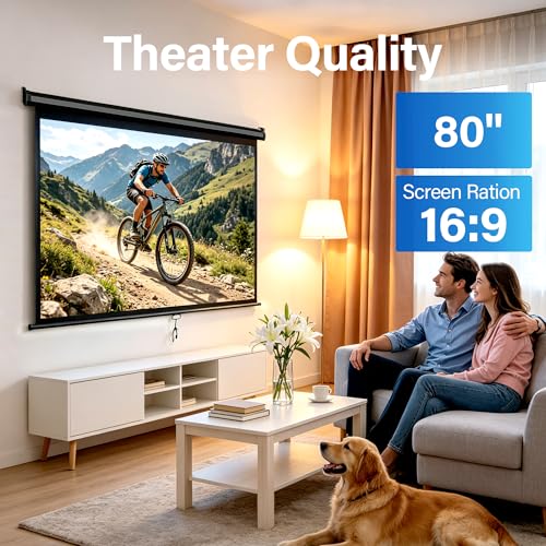 Image of ZENY Projector Screen Pull Down 80 Inch 16:9 HD, Manual Projection Screen Home Theater, Portable Indoor Outdoor Retractable Movie Screen Ceiling Wall Mount