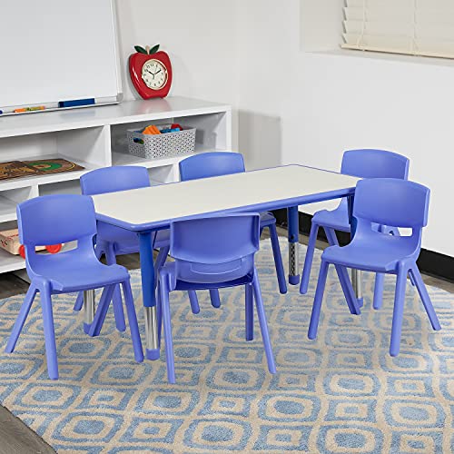 Image of Flash Furniture Emmy Adjustable Classroom Activity Table with 6 Stackable Chairs, Plastic Activity Table for Kids, 23.625 inch W x 47.25 inch L, Blue /Gray