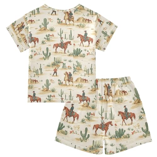 ALAZA Cowboy Cactus Pajamas Set Short Sleeve Cotton Sleepwear Summer Pjs 2 Piece 5-14Y2