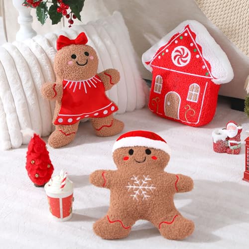 Image of Konohan 3 Pcs Christmas Gingerbread Pillows House Man Throw Pillows Stuffed Gingerbread Shaped Pillow for Christmas Party Outdoor Cushion Decorations (Red,Lovely Style)