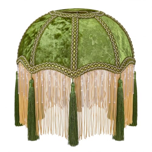 Lewtemi Victorian Scalloped Lamp Shade Vintage 9.8 Width x 11.3 Height Velvet Olive Green Bell Shape Fringe Beaded Tassels Replacement Lampshade for Table Bedside Floor Lamp