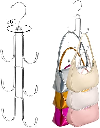HMIEPRS Paquete de 2 organizadores giratorios de bolso para armario, colgador de metal plateado para colgar bolsos, colgar para guardar espacio,